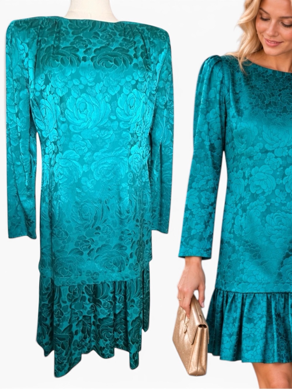 Argenti Vintage Silk Floral Jacquard Drop Waist Cocktail Dress Teal Womens 6